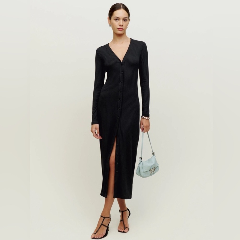 Reformation Black Ribbed Long Sleeve Dress Sz M